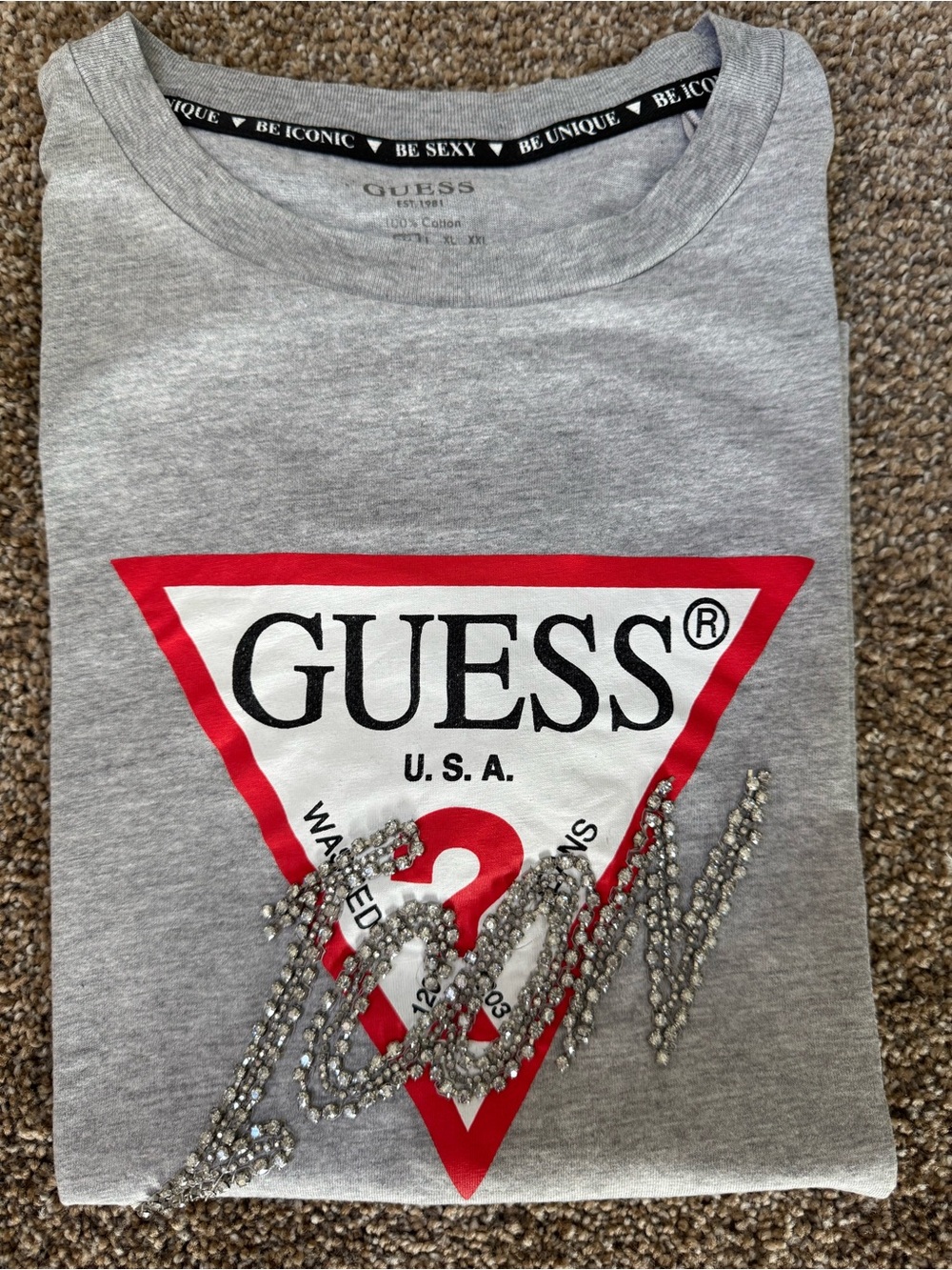 GUESS Gray Tee with Red Triangle Logo and Rhinestone Script